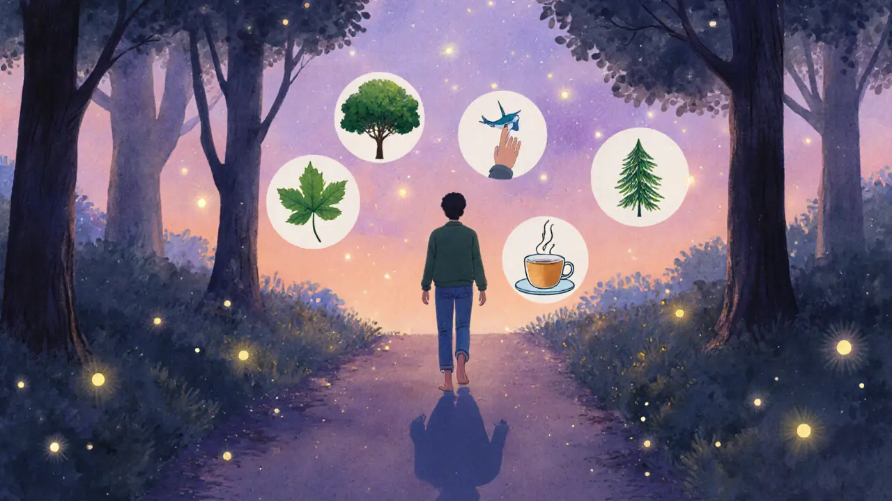 Osoba chodí bosá v lese, kolem ní plují symboly pěti smyslů, klidná atmosféra večera.