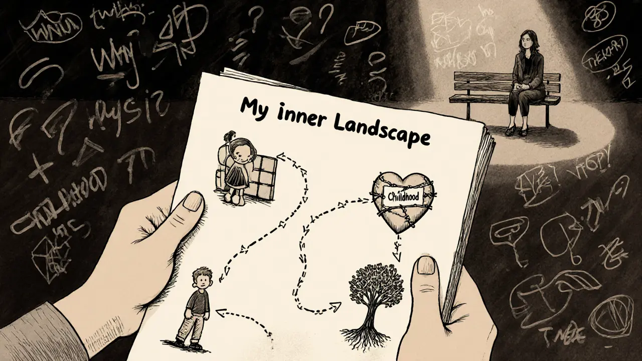 Osoba drží rukou nakreslenou mapu své vnitřní reality s symboly z dětství a emocí, terapeut ji klidně pozoruje.