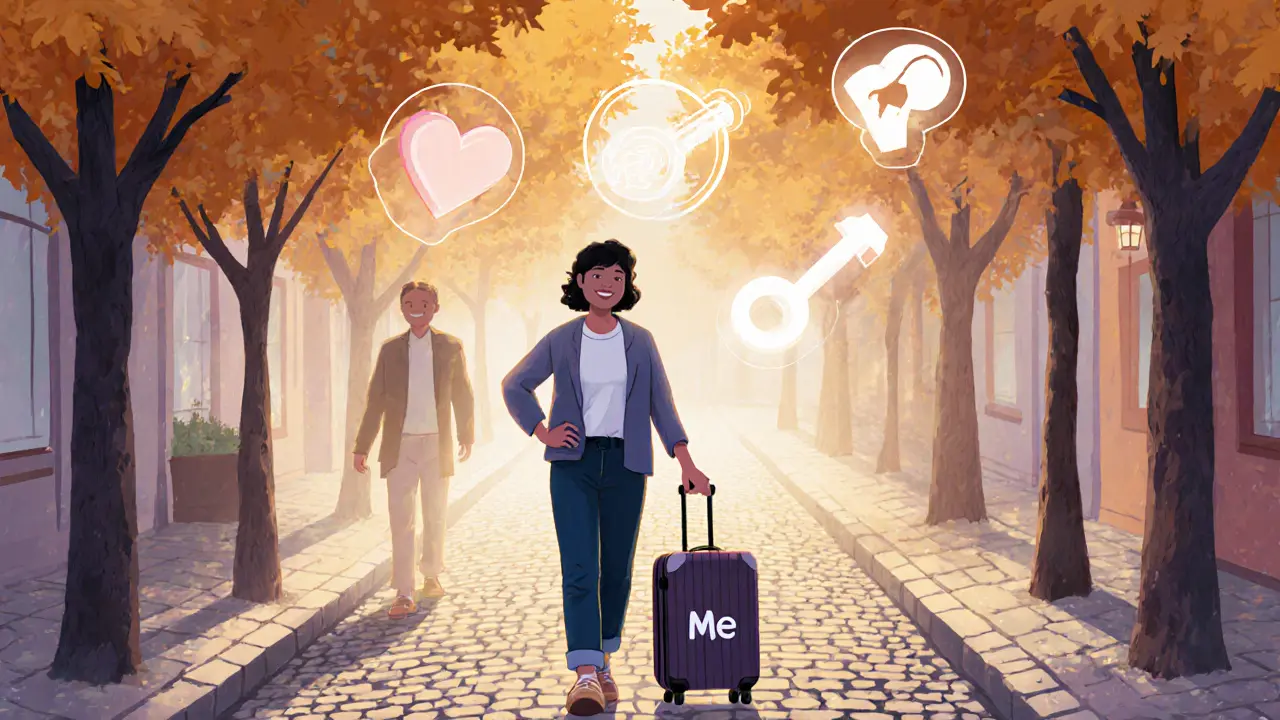 Osoba jde po ulici s kufrém &#039;Me&#039;, terapeut se mění v stín za ní, nad nimi svítí symboly.