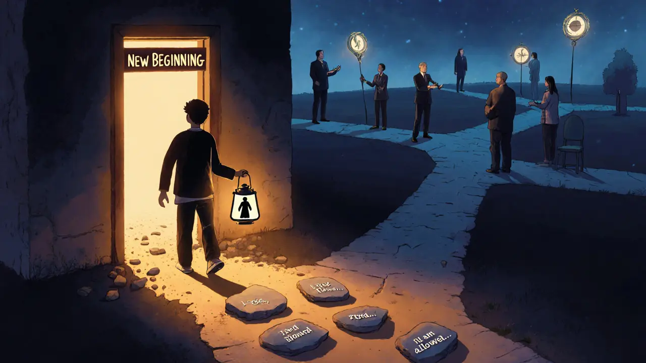 Osoba jde světlem vlastního obrazu po cestě s kameny, na kterých jsou věty o pocitech a potřebách.