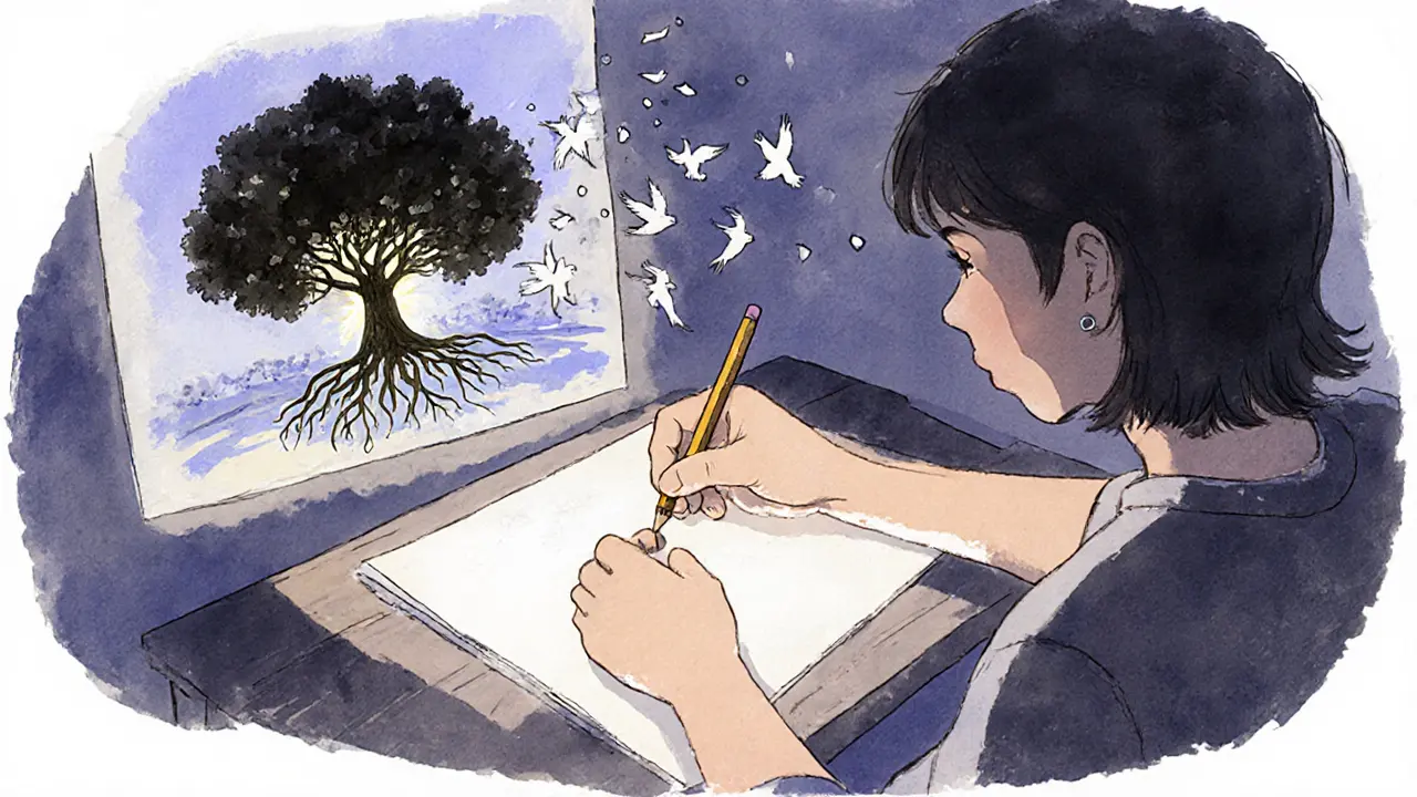 Osoba kreslí černý strom, který se v její představě mění v ptáky a světlo.
