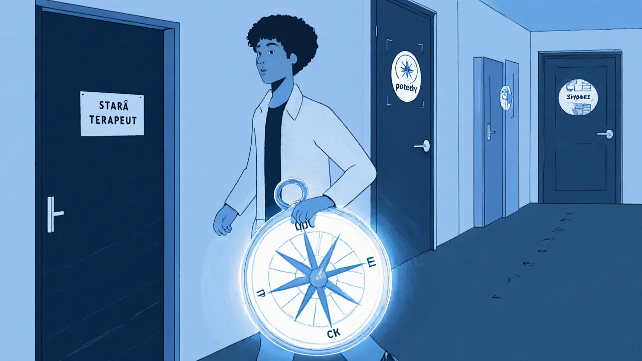 Osoba odchází od dveří starého terapeuta, drží kompas s nápisem &#039;Moje potřeby&#039;.