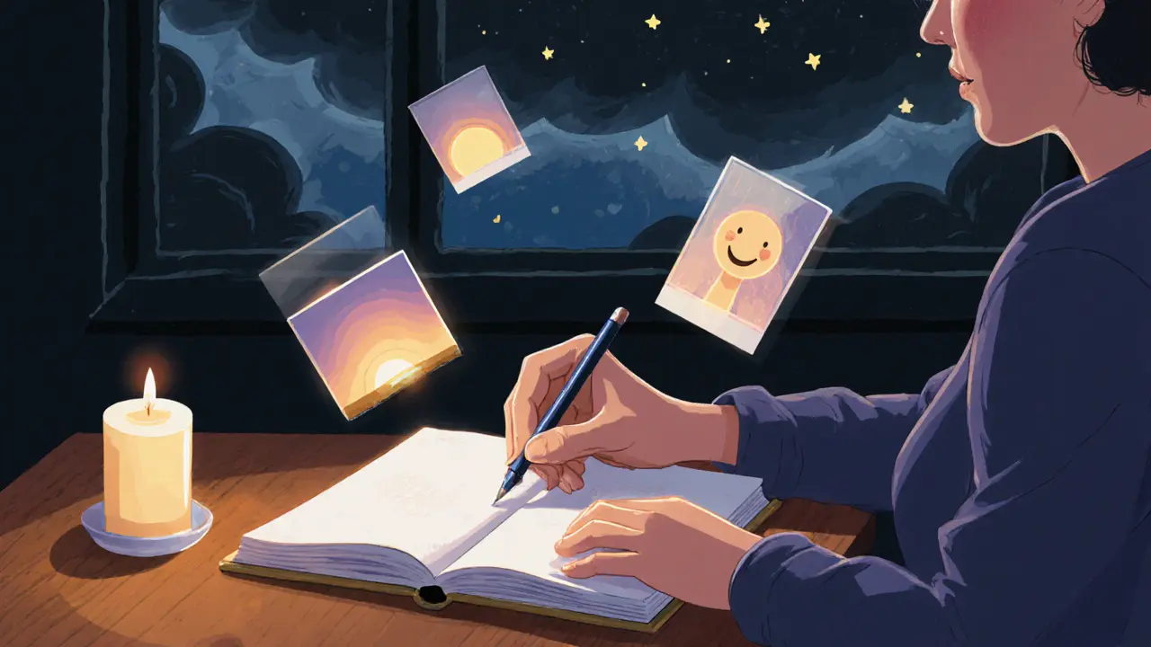 Osoba píše deník vděčnosti, z listů vystupují jemné vzpomínky a za oknem se rozbíhá noc.