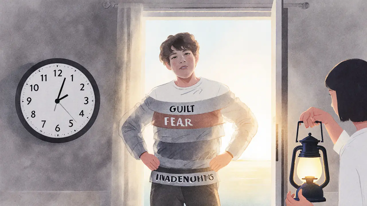 Osoba postupně svléká vrstvy strachu a viny, zatímco za ní svítí ranné slunce.