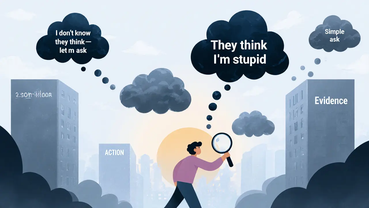 Osoba prochází mlhavým městem, nahrazuje negativní myšlenky realistickými.