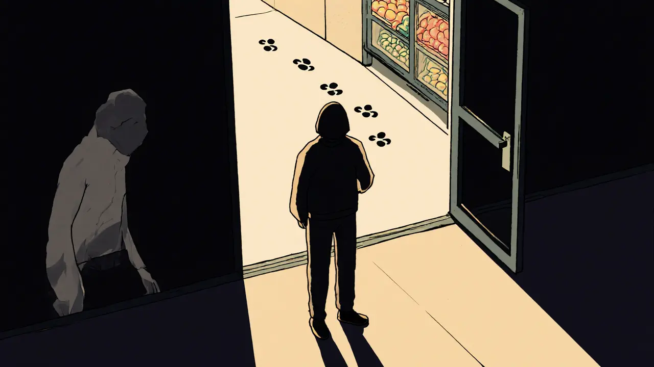 Osoba stojící u vchodu do obchodu, překonávající strach z minulosti.