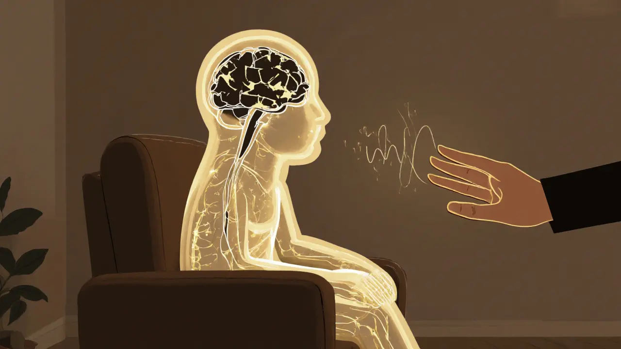 Osoba v terapii s přehledem mozku, kde traumata mizí v světle, zatímco terapeut poskytuje podporu.