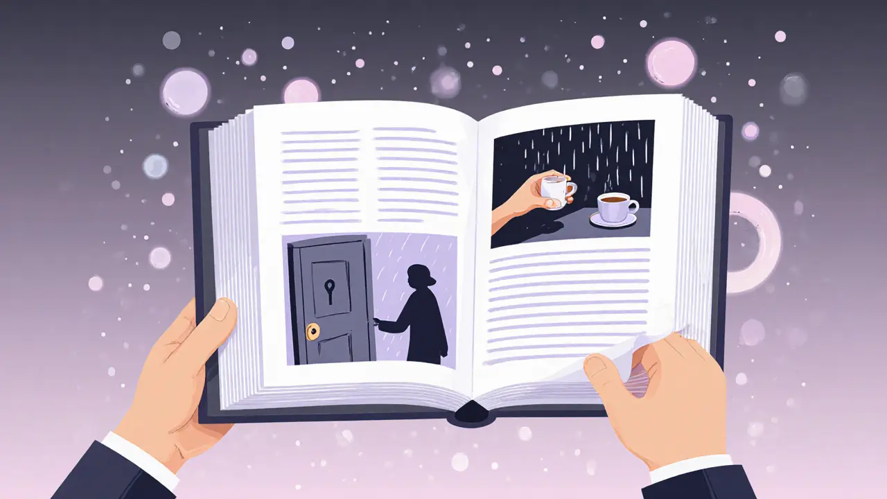 Otevřená kniha se symbolickými scénami, kterou společně převrací klient a terapeut.