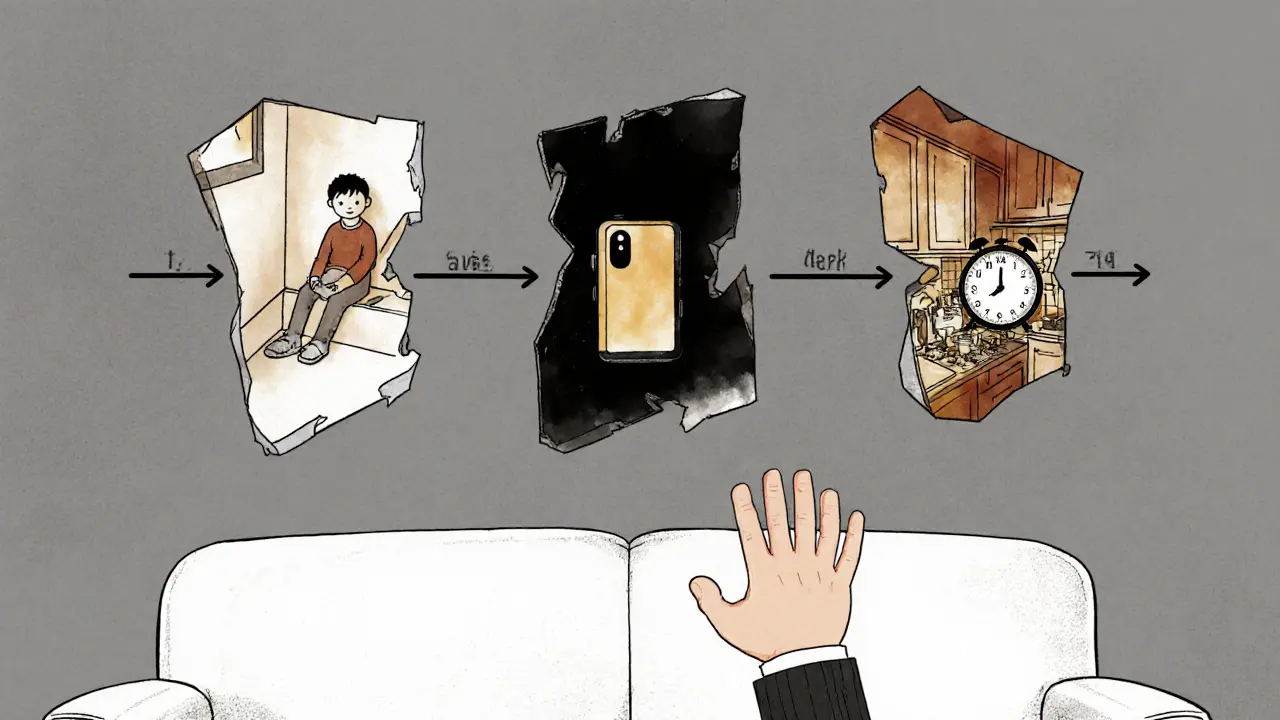 Plovoucí časová osa s výjevy z života klienta, terapeut se k nim přibližuje citlivě.