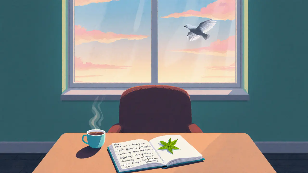 Prázdné křeslo v terapeutické místnosti s dopisem a listem v knize, venku létá pták.