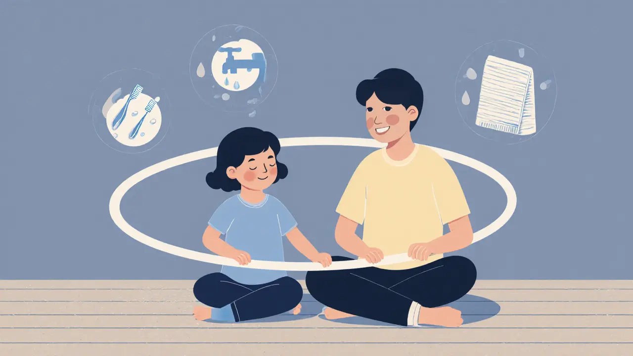 Rodič a dítě se pomalu točí vedle sebe, kolem nich jsou symboly denních činností jako mytí zubů a voda.