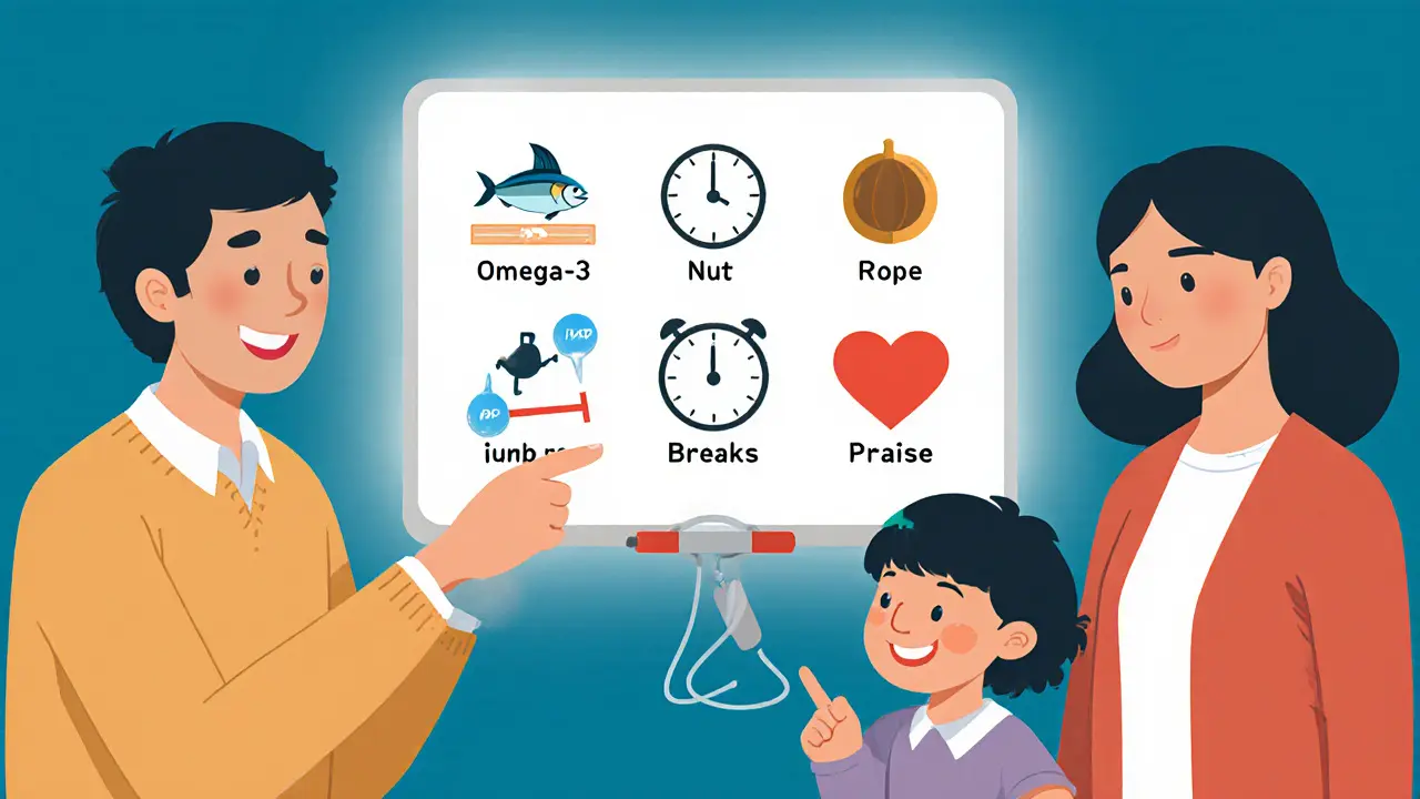 Rodina u magnetické tabule s ikonami pro stravu, pohyb a pochvalu, dítě ukazuje na švihadlo.