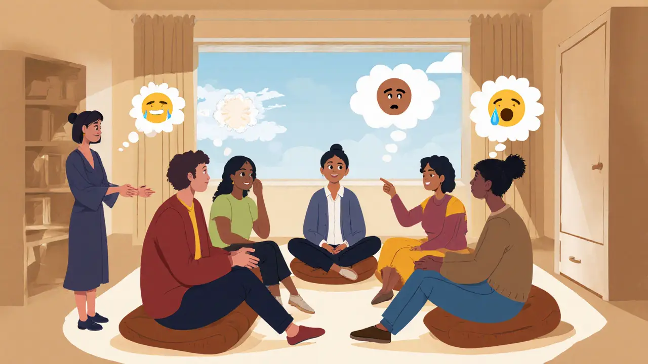 Skupina lidí sedí v kruhu během skupinové terapie, sdílí emoce a podporu.