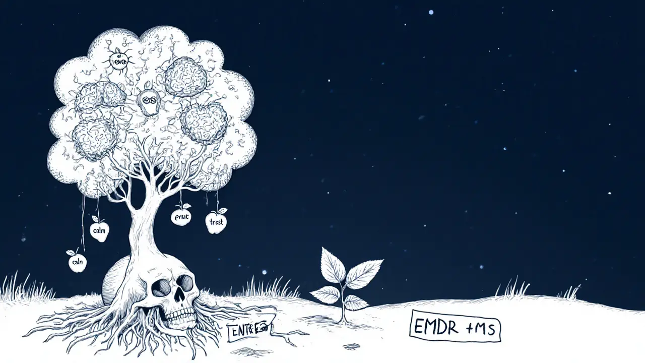 Strom rostoucí z lebky, jeho kořeny jsou neuronové sítě, větve nesou plody klidu a bezpečí.