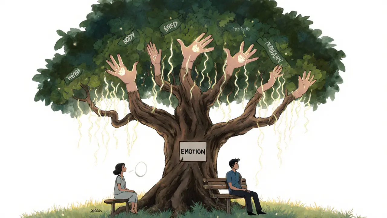 Strom s kořeny tělo, emoce a myšlenky, pod ním terapeut a klient sedí na lavičce v klidné atmosféře.