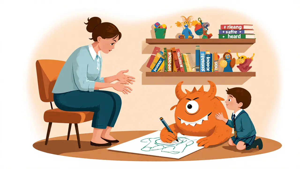 Terapeut a dítě spolu kreslí, monster na papíře má obličej dítěte, atmosféra důvěry.