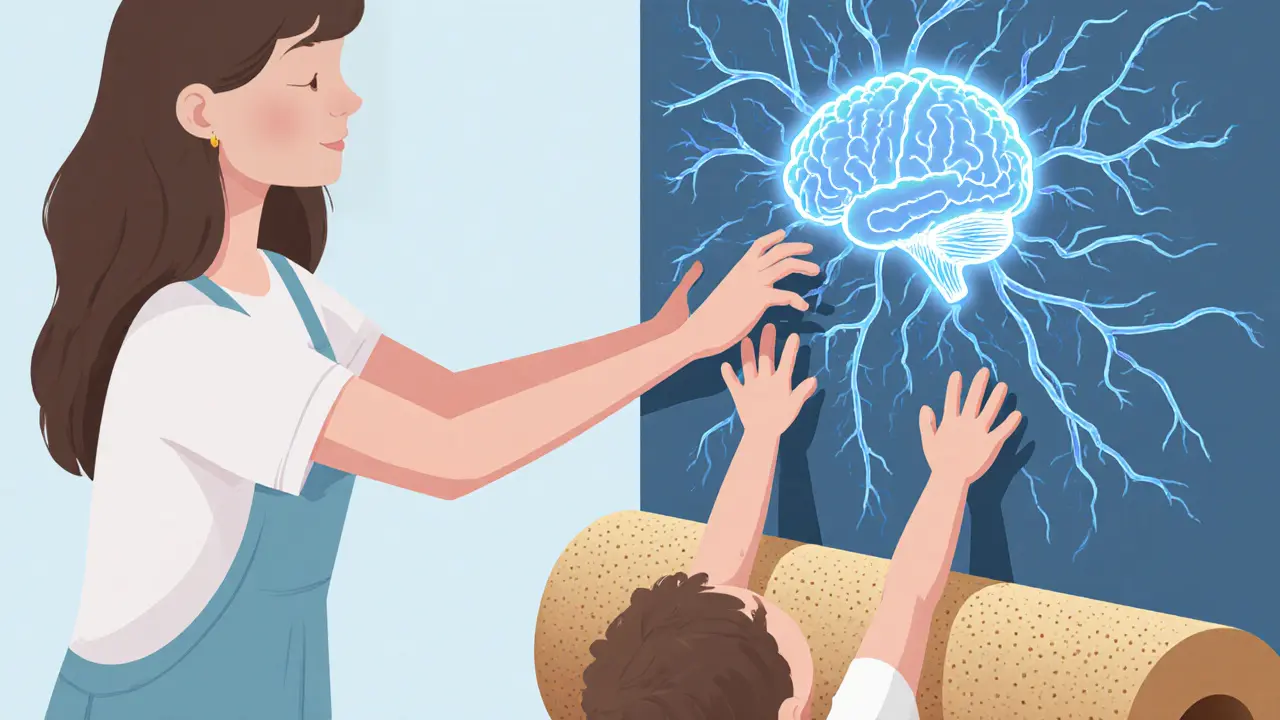 Terapeut a dítě spolu provádějí senzorickou integraci s texturovanými povrchy a neurologickými cestami ve stylu konceptuálního umění.