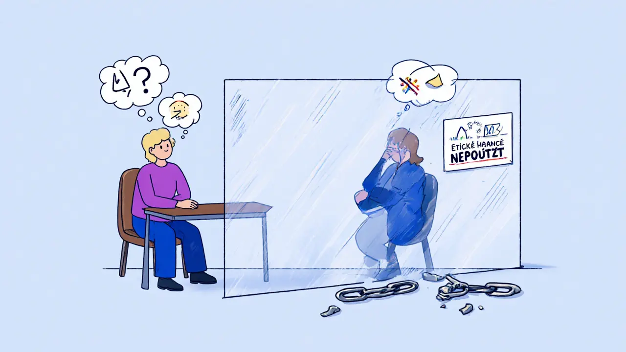 Terapeut a klient odděleni průhlednou stěnou, symbolizující porušení etických hranic.