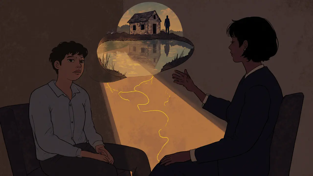 Terapeut a klient v klidné místnosti, kde se z jejich myšlenek rodí surreální krajina.