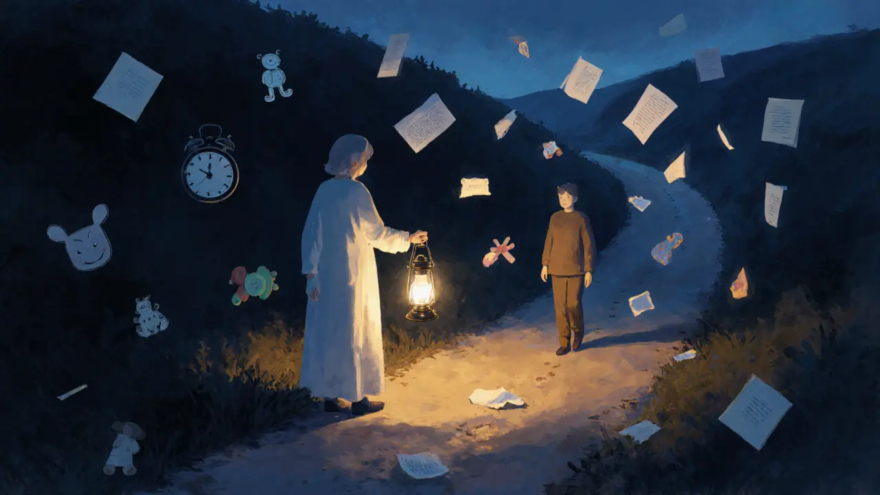 Terapeut s lucernou stojí na cestě, kde plavou fragmenty života klienta, světlo osvětluje jen další krok.