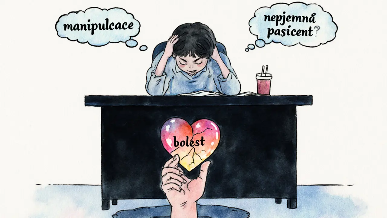 Terapeut s myšlenkami o manipulaci, zatímco pacient z podlahy tiskne křehké srdce bolesti.