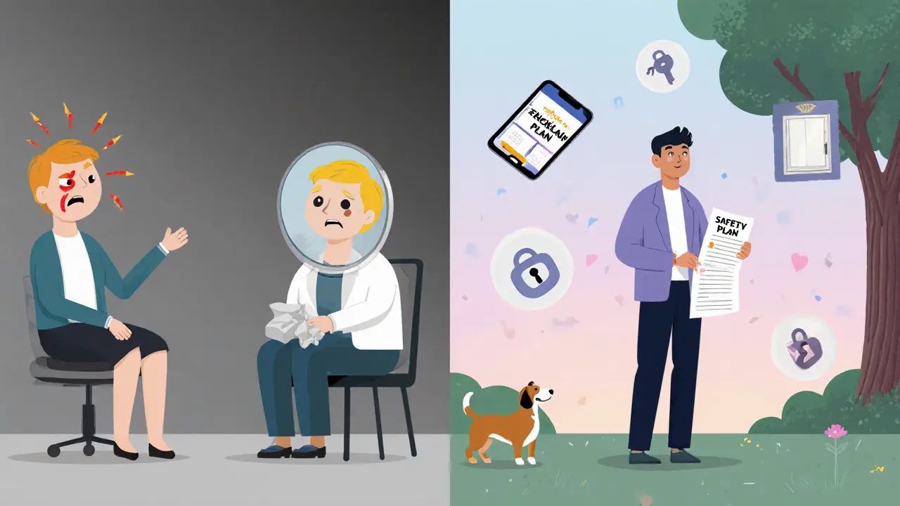 Terapeut s zrcadlovou tváří a pacient v parku s bezpečnostním plánem a ikonami podpory.