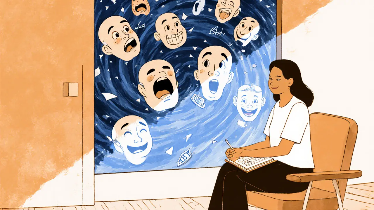 Terapeut sedí vedle vortexu emocí jako hereckých mask, v teplém světle.