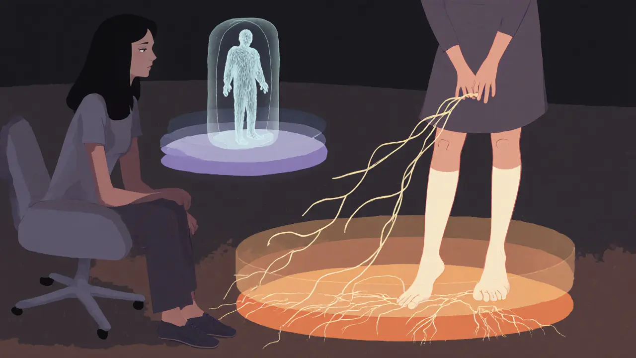 Terapeut vedoucí klienta k jemnému pohybu nohou, s vizualizací uvolňující energie.