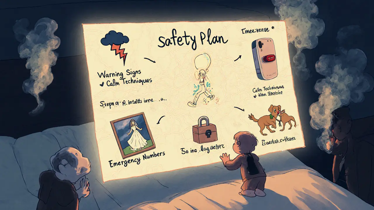 Zářící bezpečnostní plán jako mapa s šesti kroky, která se objevuje nad postelí.