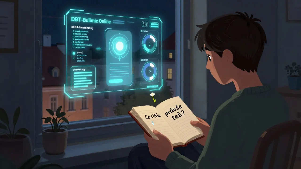 Česká bytová scéna s digitální DBT aplikací a osobním zápisem emocí.