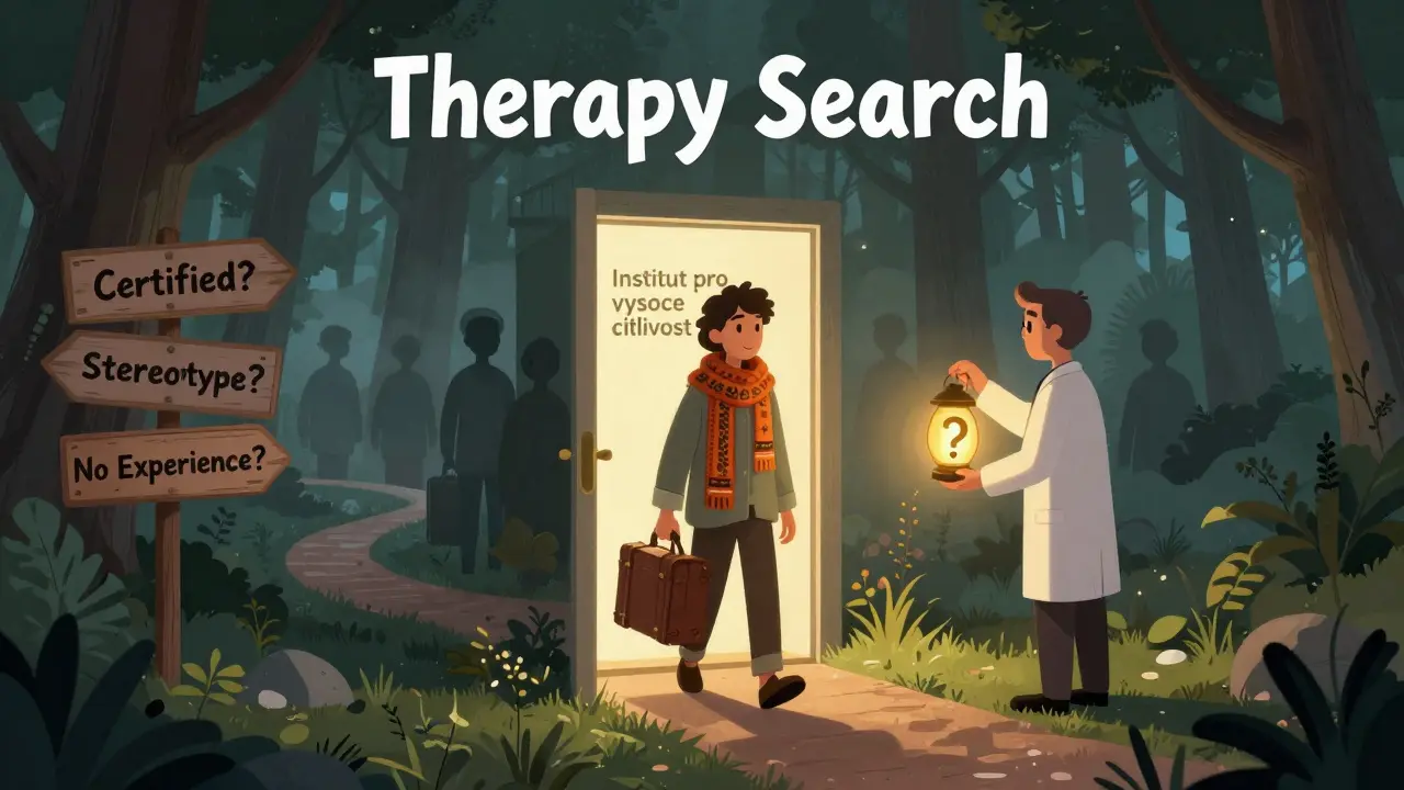 Cesta k vyhledávání kulturně citlivého terapeuta, vede k ověřenému institutu.