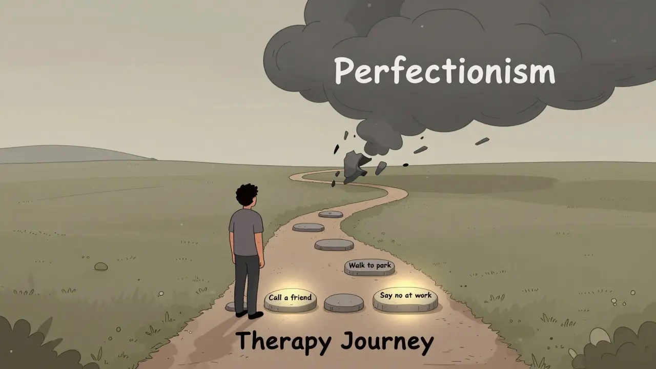 Cesta terapie znázorněna kameny s malými kroky, vedoucími k klidnému výhledu.