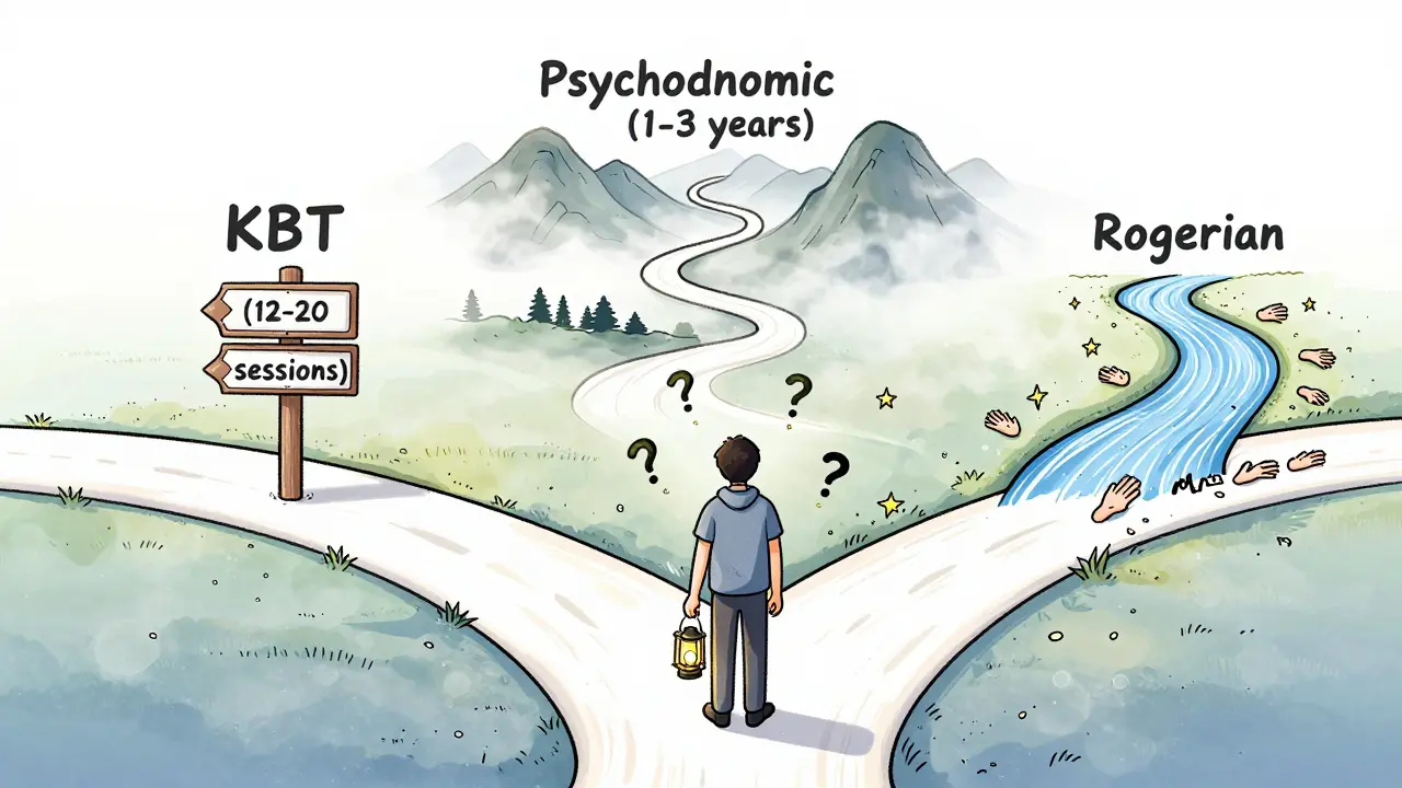 Člověk na křižovatce tří cest psychoterapie s různými přístupy a laternou označenou 'Můj temp'.