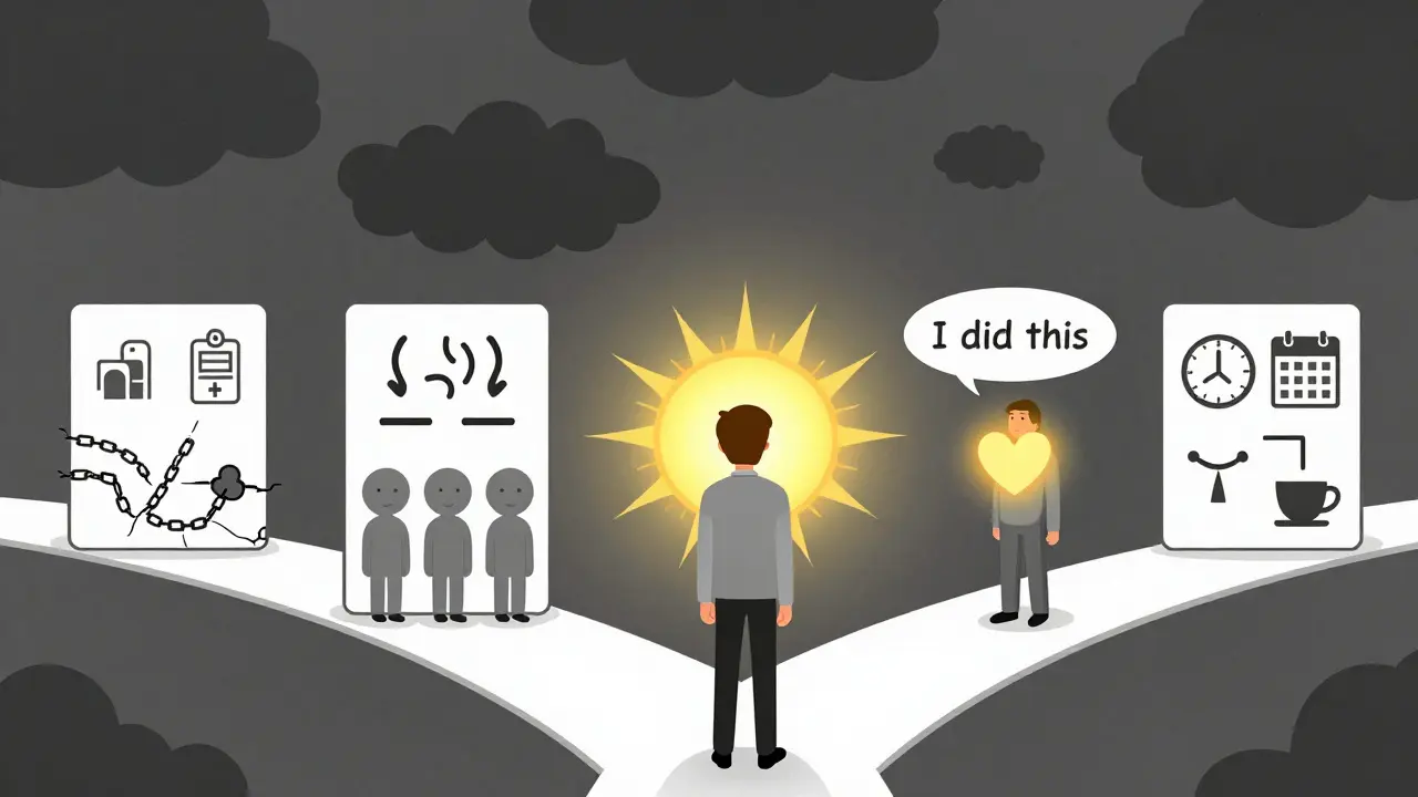 Člověk na rozcestí s cestami znázorňujícími změny v chování, osvětlený sluncem, zatímco bouře za ním ustupují.