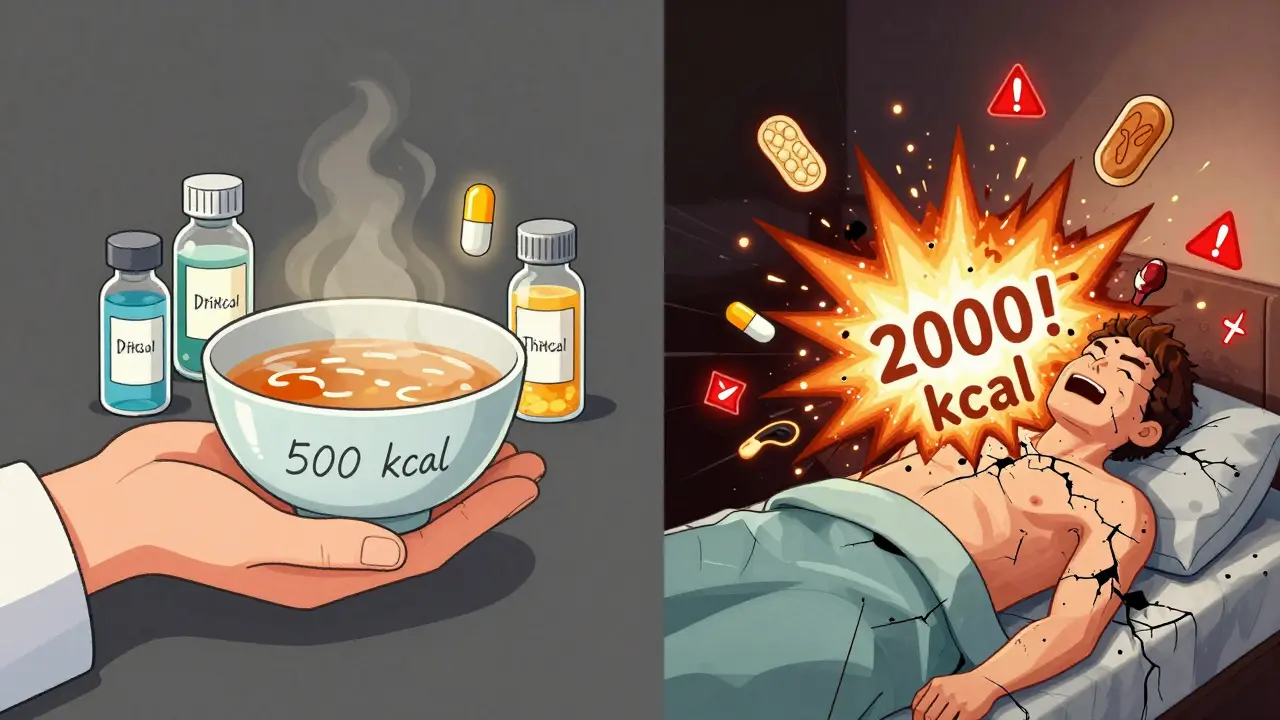 Contrasting scenes: gentle slow refeeding vs. dangerous rapid feeding causing body cracks.