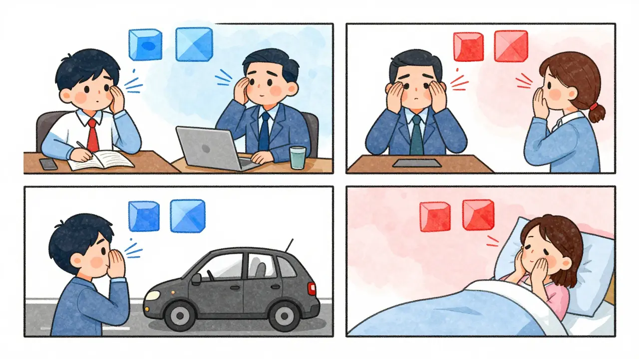 Čtyři lidé v různých situacích dýchají podle techniky 4-7-8, kolem nich se objevují barevné obdélníky dechu.