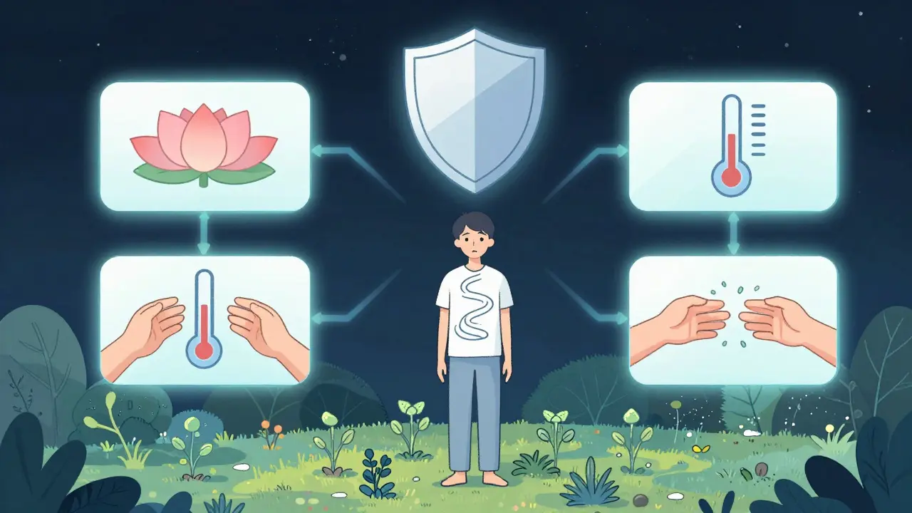 Čtyři moduly DBT jako svítící symboly kolem člověka v klidném prostředí.