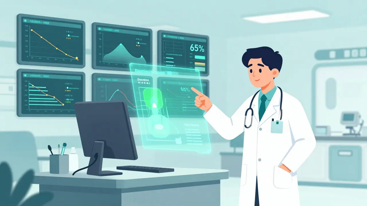 Czech hospital monitoring station with holographic electrolyte data and declining syndrome rates.