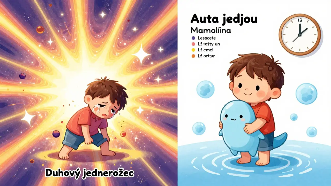 Dítě reaguje na dvě různé senzorické pomůcky: jednu příliš silnou a jednu klidnou, znázorněno v rozdělené scéně.