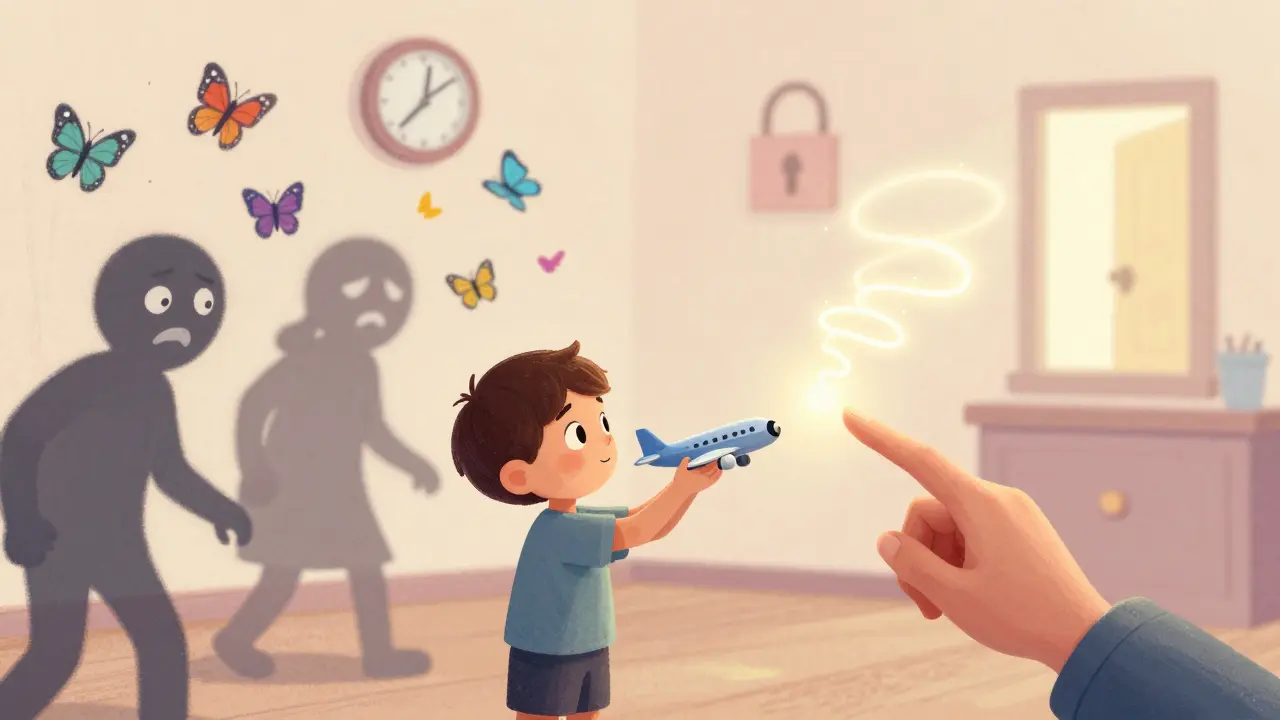 Dítě sleduje světelnou dráhu, zatímco strach se mění v barvité motýly v terapeutickém prostředí.