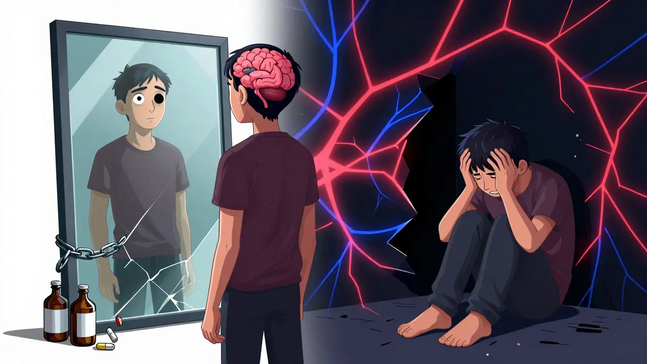 Dospělý člověk před rozbitým zrcadlem, kde jedna strana ukazuje závislost, druhá dětskou bolest.