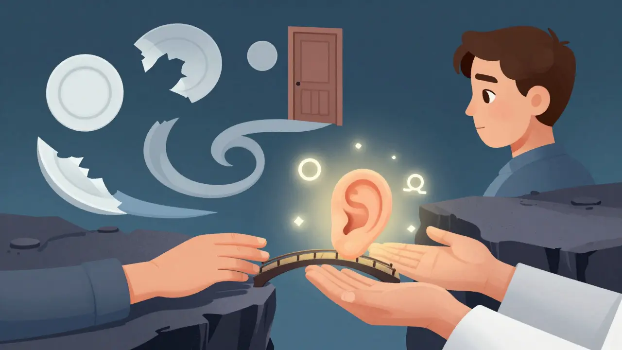 Dva lidé se snaží překonat spirálu hádek pomocí mostu empatie.