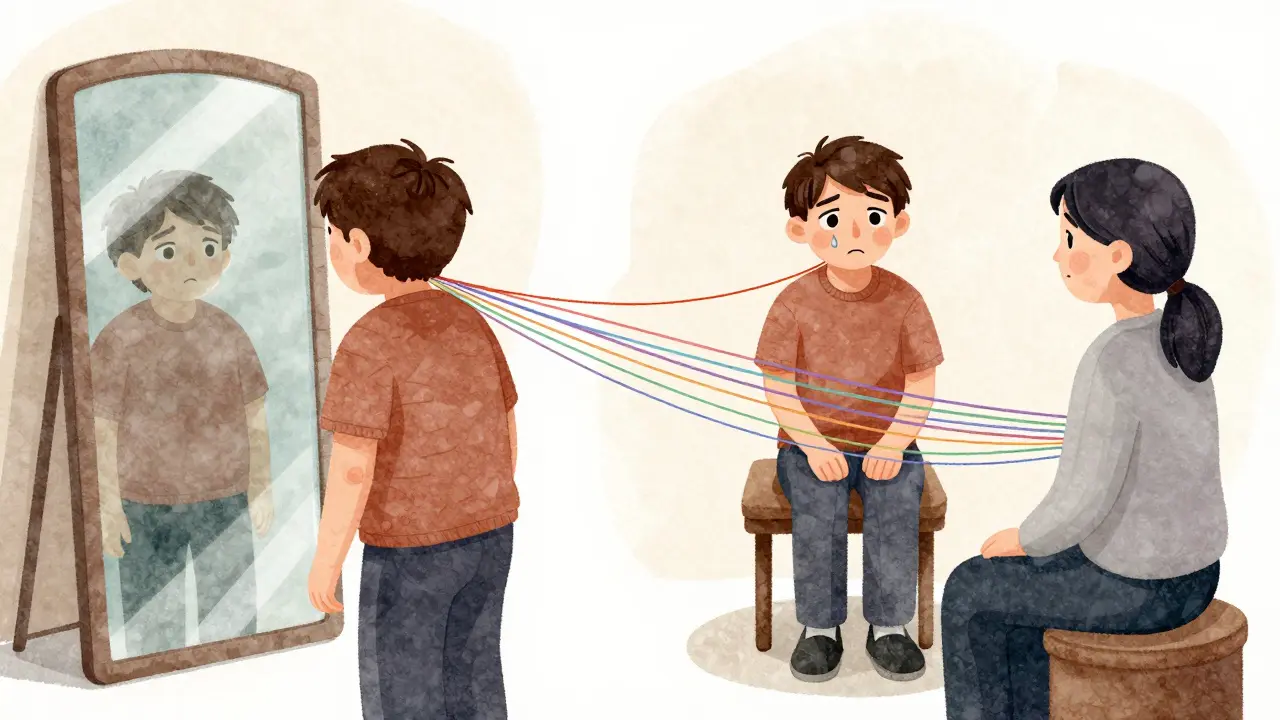 Dvě části scény: jedna ukazuje zkreslené zrcadlo, druhá terapii s jemnými emocionálními vlákny.