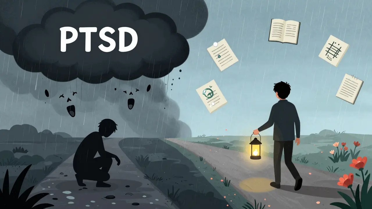 Dvě cesty: jedna temná s PTSD, druhá osvětlená s novými vztahy a květinami, stejný člověk na obou.