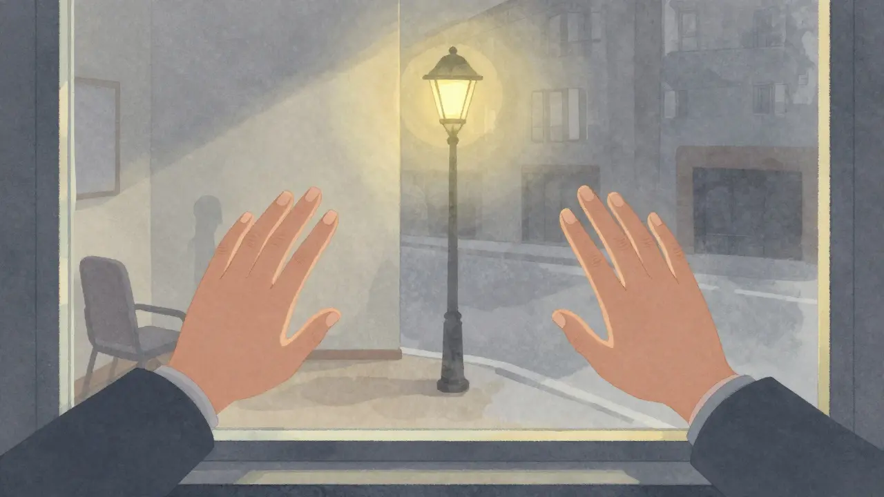 Dvě ruce se dotýkají skleněné přepážky mezi terapeutickým prostorem a ulicí, symbolizující hranice.