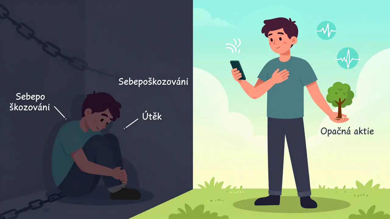 Dvě strany jedné osoby: jedna zničená, druhá klidná a silná s technikami DBT.