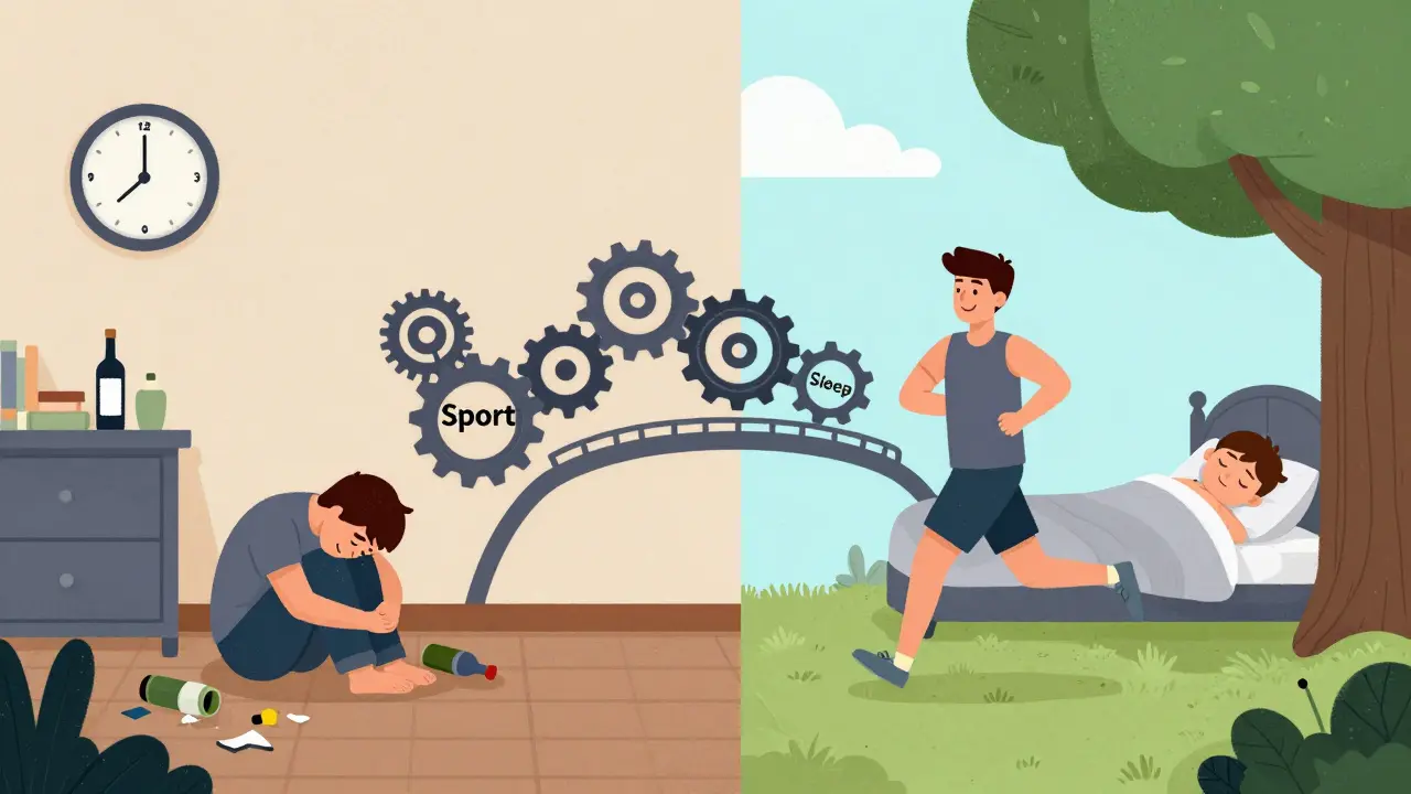 Dvě strany jedné scény: chaos závislosti na jedné, obnova prostřednictvím sportu a spánku na druhé.