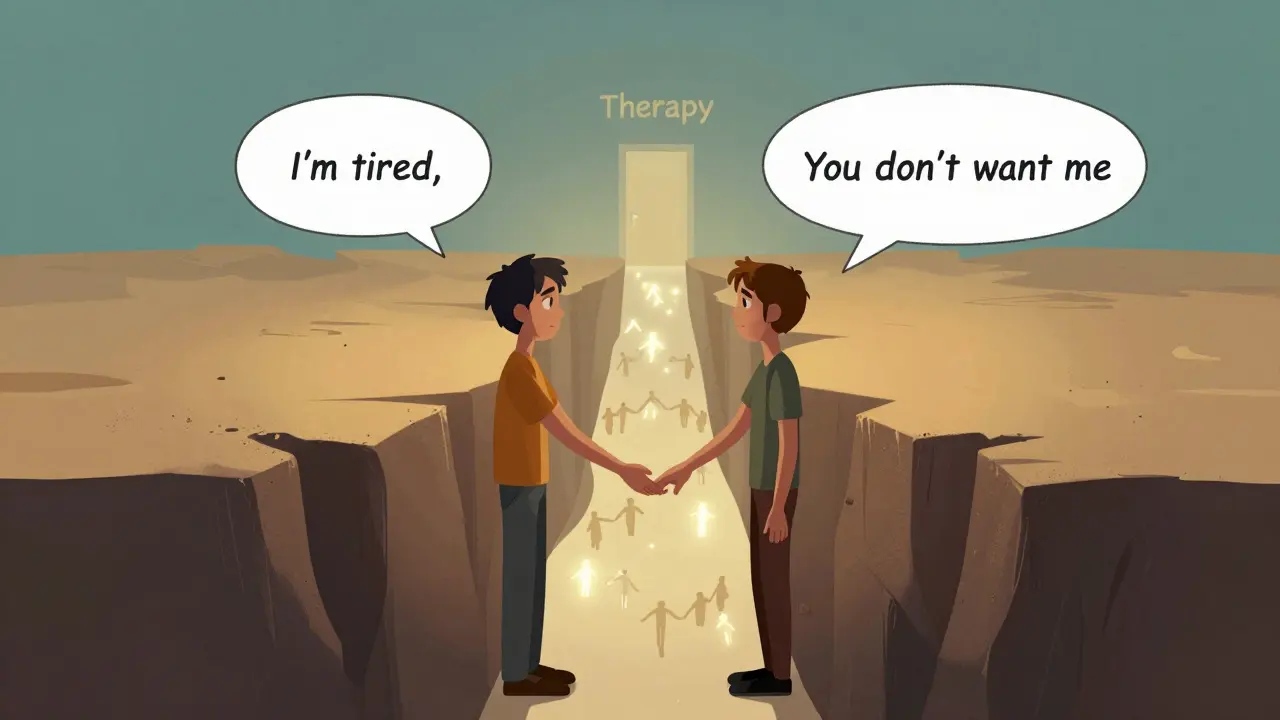 Dvojice drží za ruce přes propast, nad nimi plavou slova z nekomunikace, cesta směřuje k terapii.