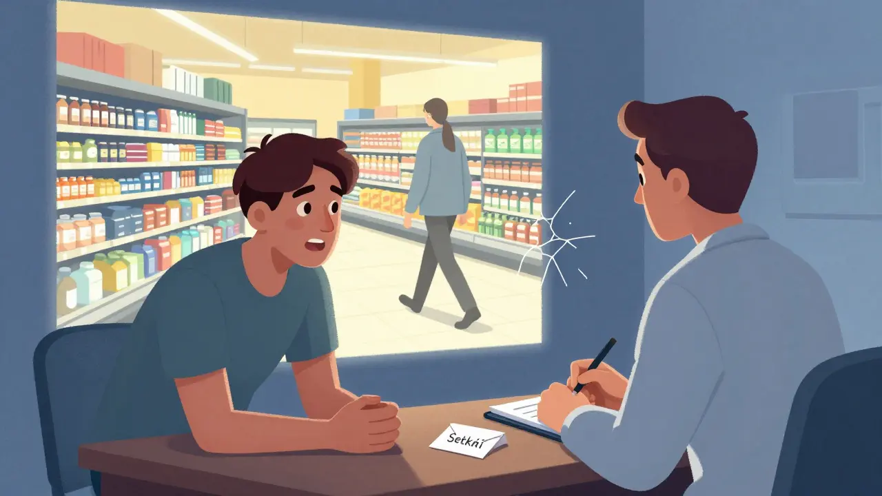 Klient během terapie hovoří o náhodném setkání, za ním se jeví průhledný obraz supermarketu.