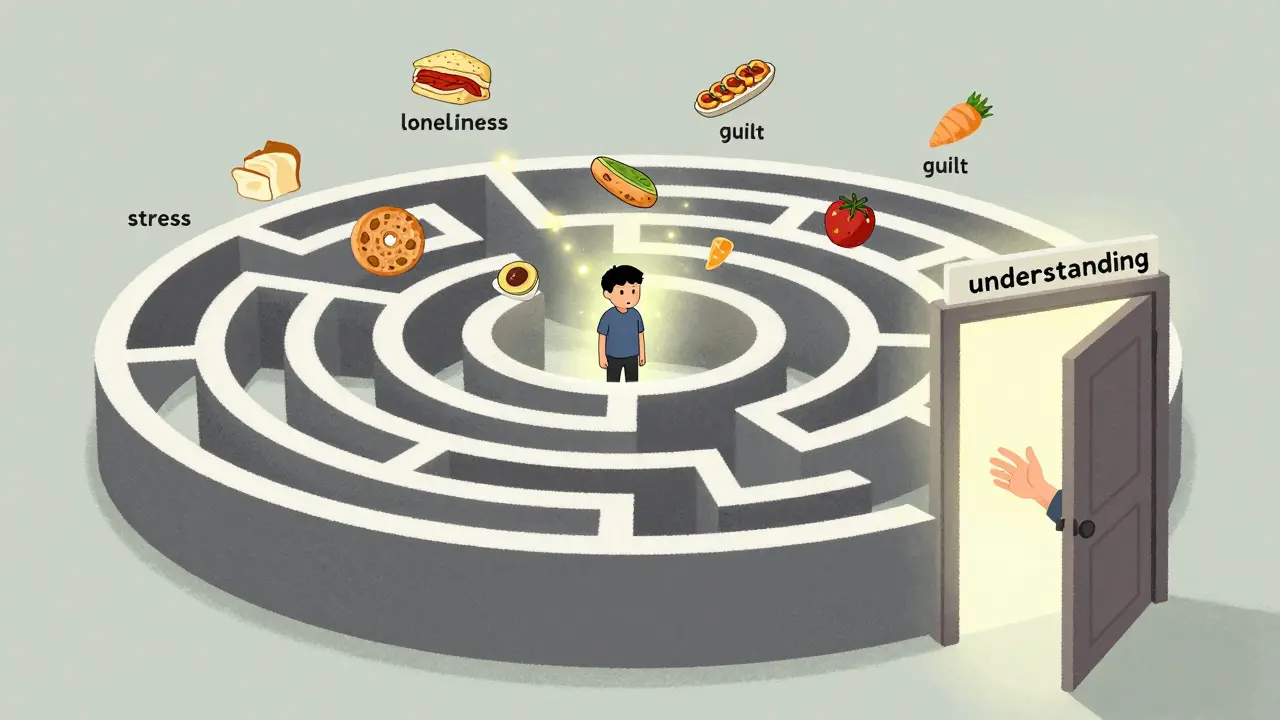 Kruhová bludiště s jídlem a emocemi, kde osoba hledá cestu ven k dveřím s nápisem &#039;porozumění&#039;.